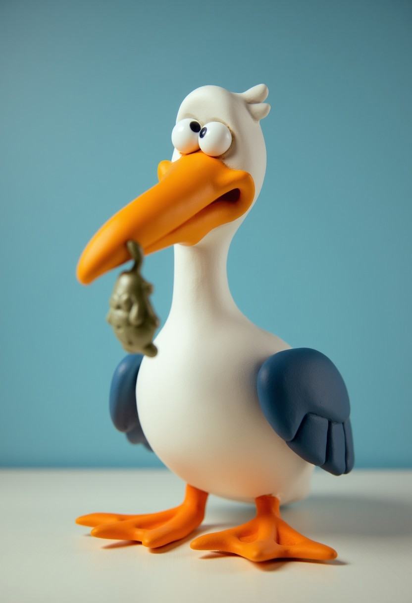 a claymation model of a pelican with a fish hanging out of it's mouth on Tensor.Art