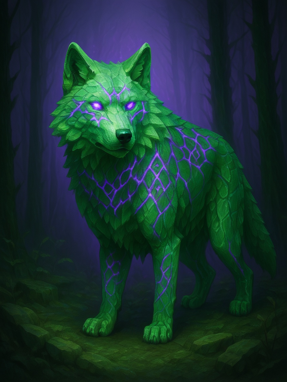 A digital illustration shoot from a frontal camera angle about a glowing green wolf standing in a dark forest. the image a...