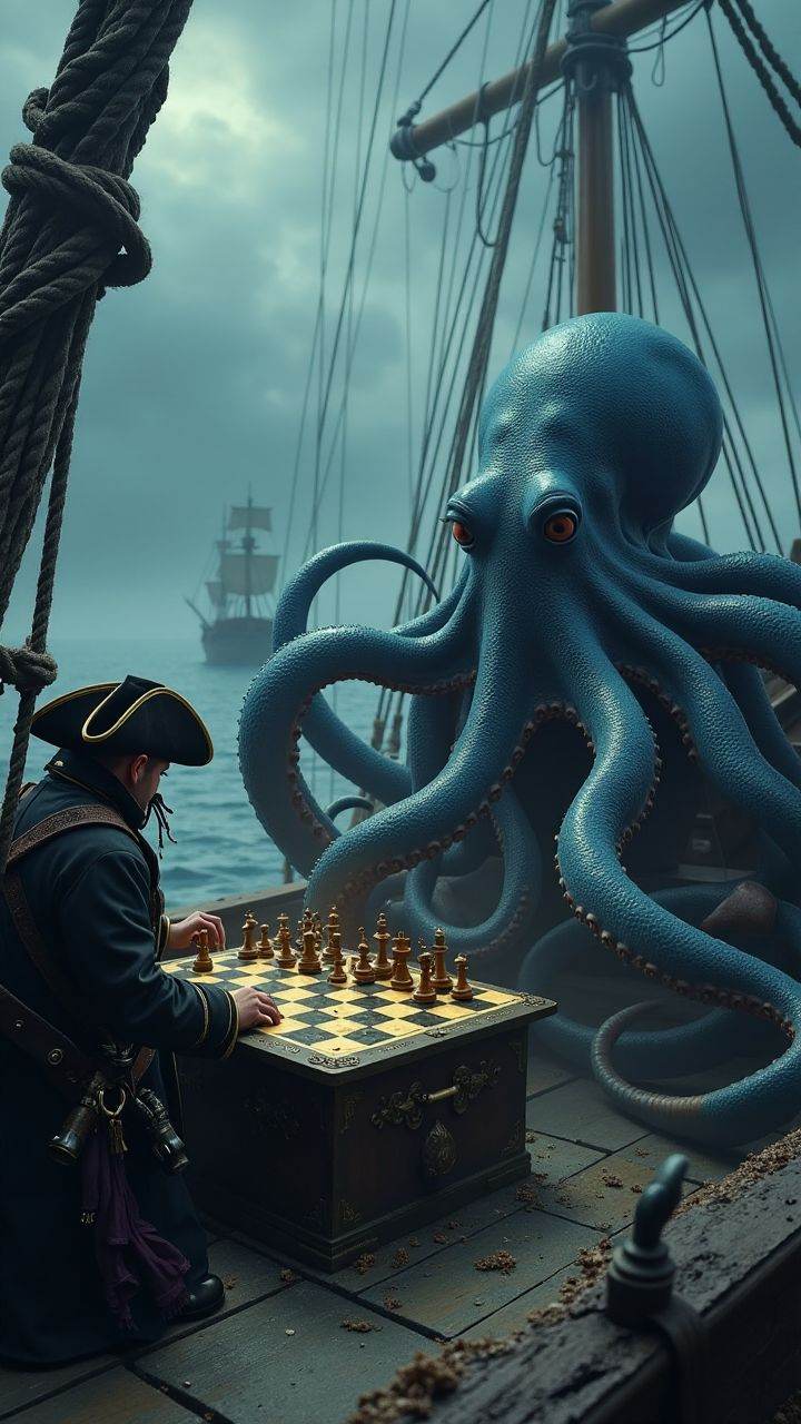 A giant octopus playing chess against a pirate captain on the deck of a ship during a storm. ,  aidmaimageupgrader ,  aidm...
