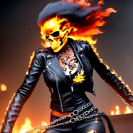 a female ghost rider taking the soul of her victim in a bar,  torn leather jacket with a chain,  flaming eyes on Tensor.Art