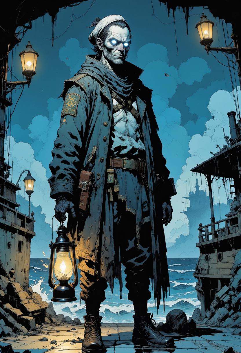 A Ghostly Sailor,  spectral mariner with tattered uniform,  glowing white eyes on Tensor.Art