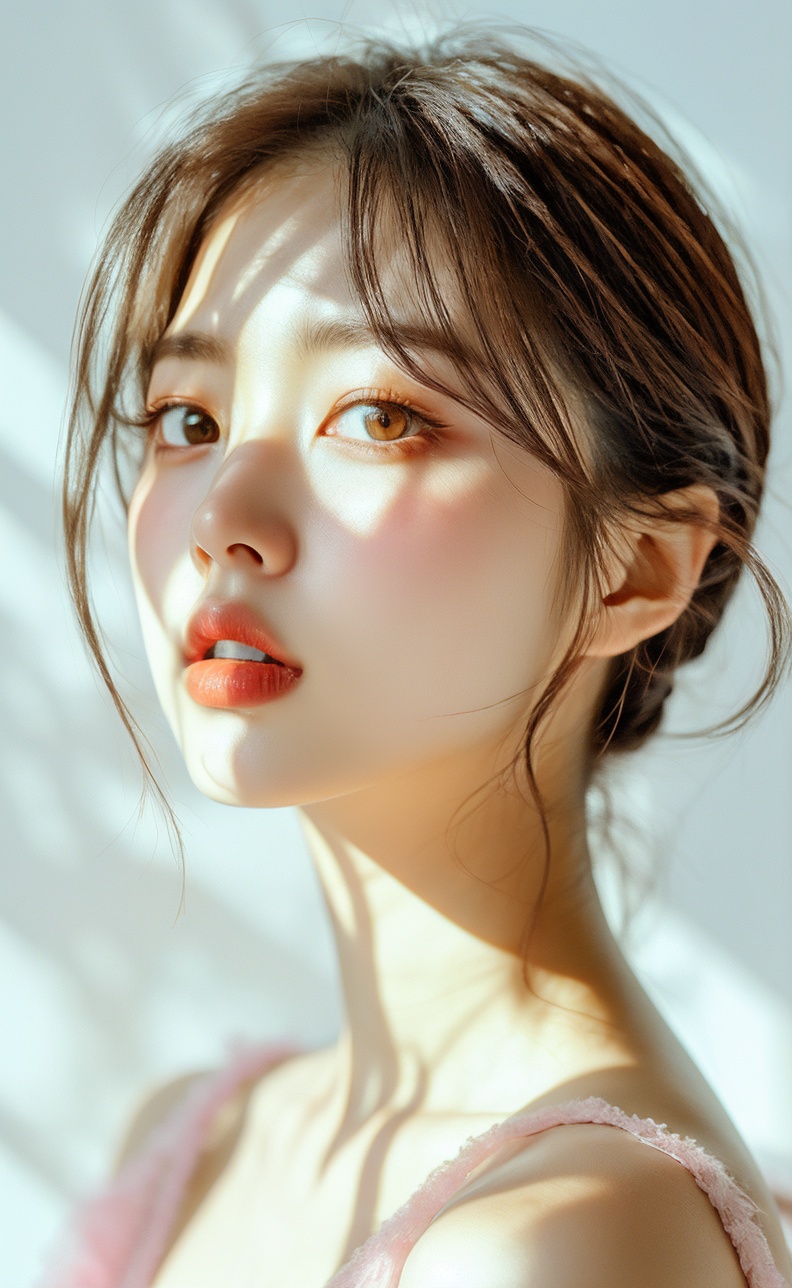 solo, 1girl, parted lips, brown eyes, brown hair, portrait, looking at viewer, realistic, white background, simple background