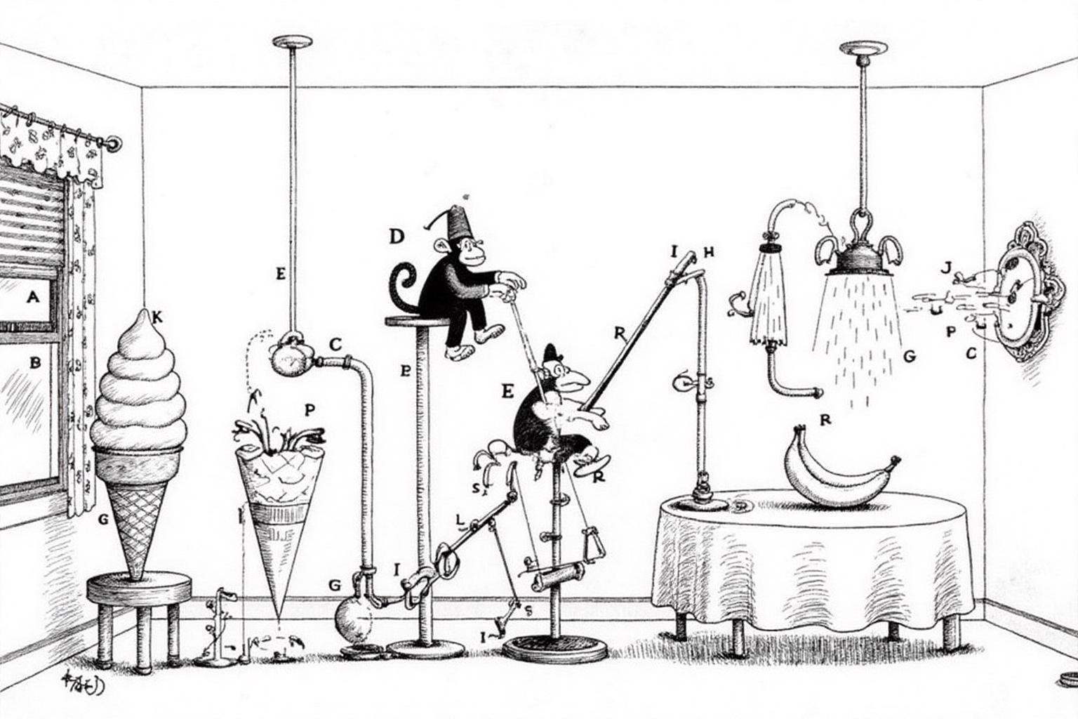 rugo1 illustration. a whimsical and surreal scene of a room filled with various contraptions and objects. A large,  exagge...