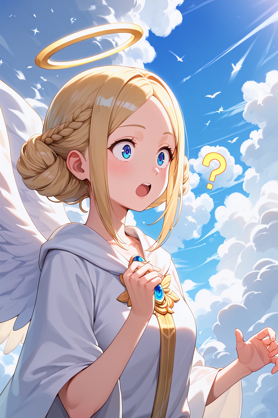 score_9,  best quality,1girl,angel,clouds,lighting,divine,bright,illumination,upper body,surprised,question
