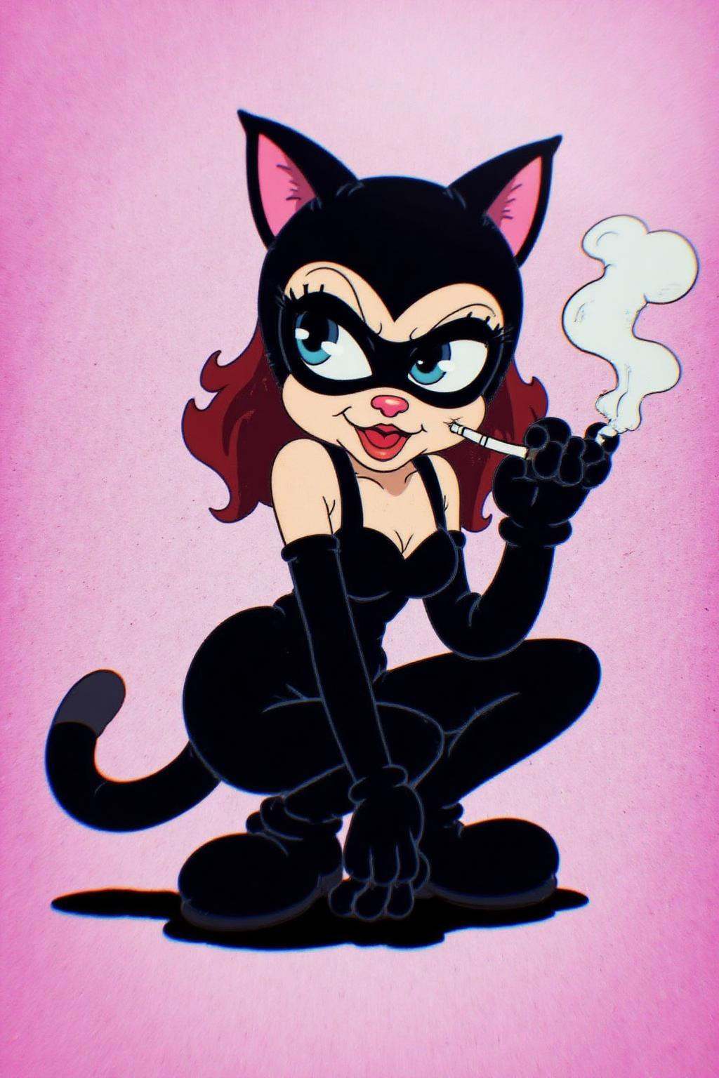 rubber hose animation style.Catwoman squatting on the ground,  smoking on Tensor.Art
