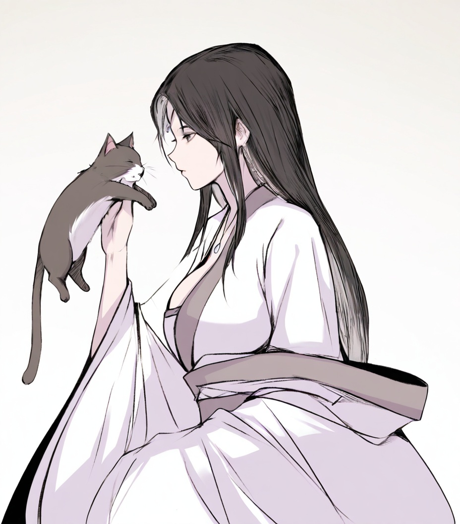 solo,highly detailed,(best quality),((masterpiece)),1girl,simple background,<lora:裴语涵nb114XL:1>,peiyuhan,black hair,necklace,long sleeves,holding_cat,