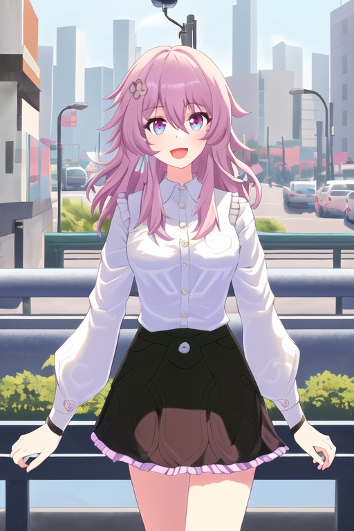 <lora:march-000017>,masterpiece,best quality,march7th,multicolored eyes,1girl,solo,white_shirt,skirt,checkered_skirt,frilled,happy,smile,:D,full_shot,looking_at_viewer,jk,city,cityscape,street,lamppost,fence,railing,