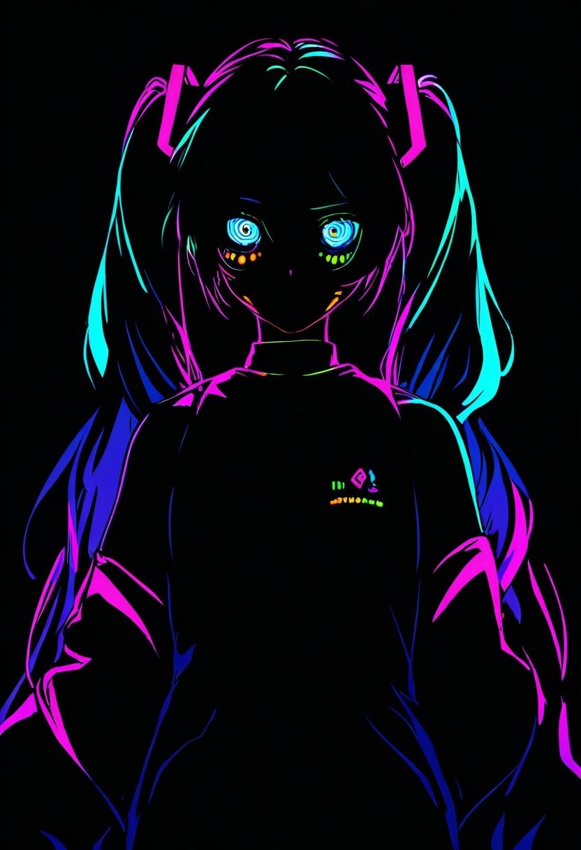 Hatsune Miku,  limited palette,  black background on Tensor.Art