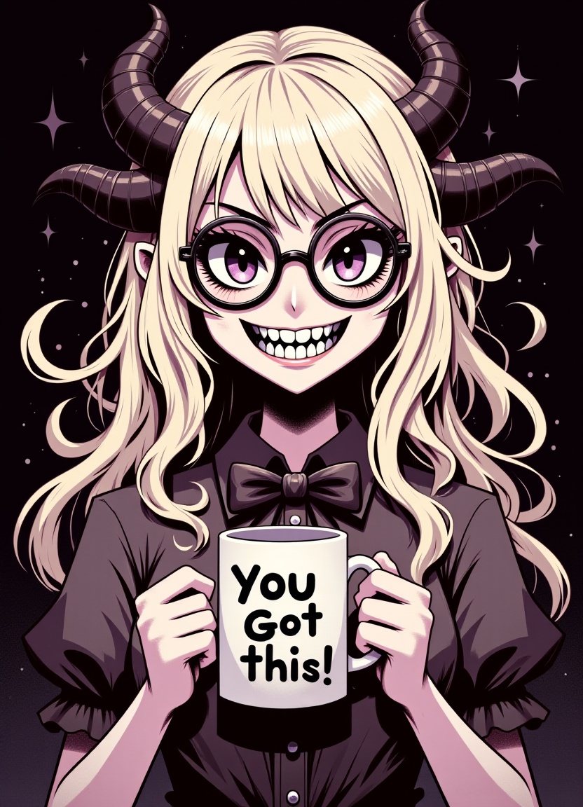 A young woman with SFW wavy long platinum blonde hair and teeth,  wearing glasses and horns,  set against a dark backgroun...