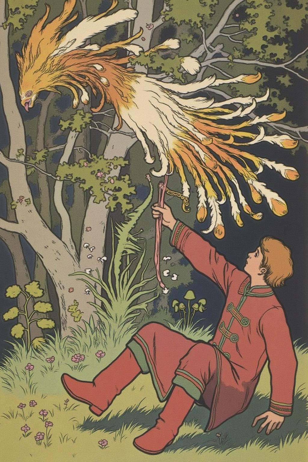 ivanbilibin1 illustration.A young man sits on the grass on the right side,  surrounded by green grass with small flowers....
