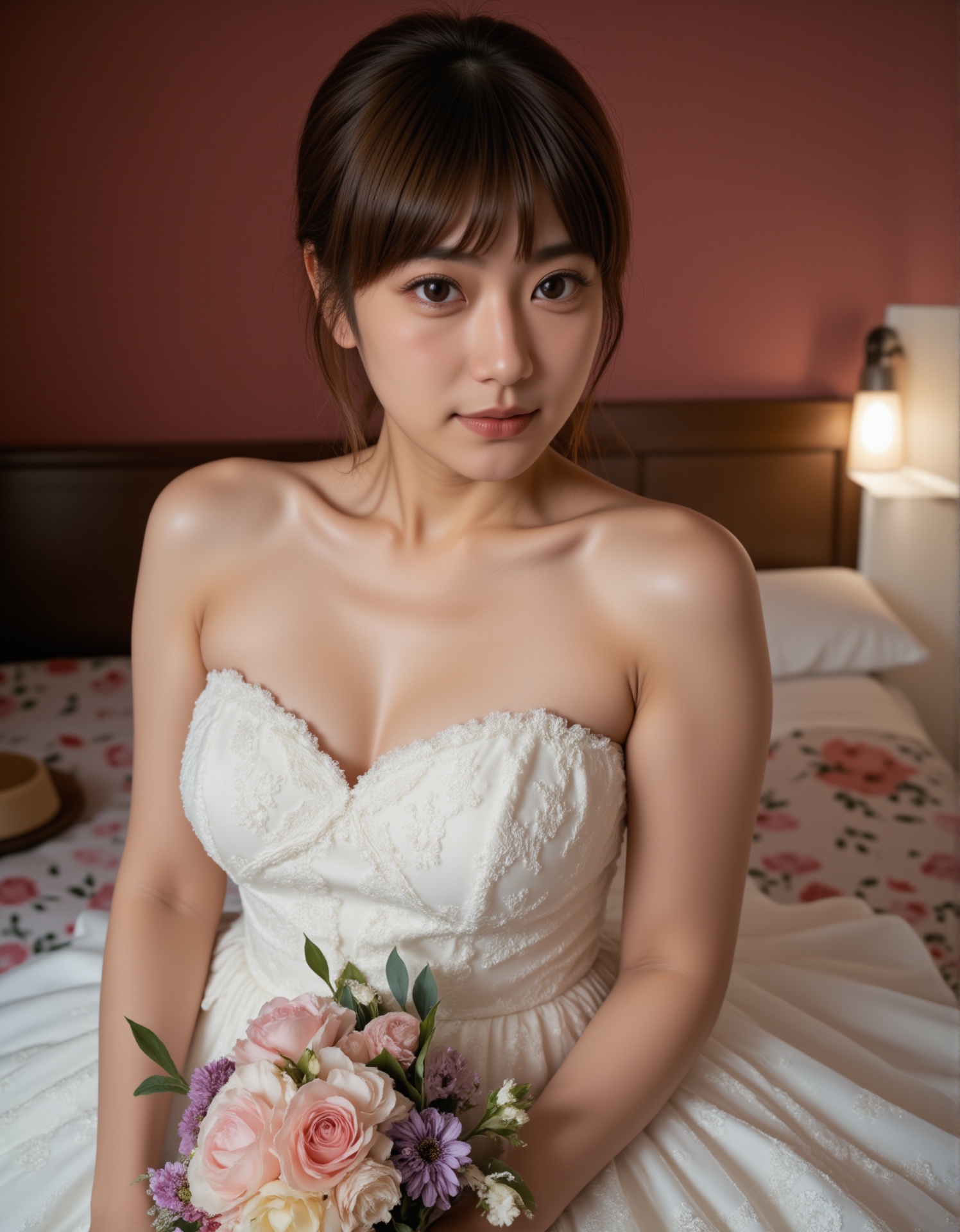 A high-quality photograph of a young woman with fair skin and delicate features,  wearing a strapless white wedding dress...