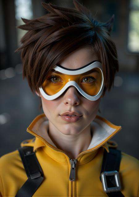Tracer is a woman and wears goggles. closeup face portrait on Tensor.Art