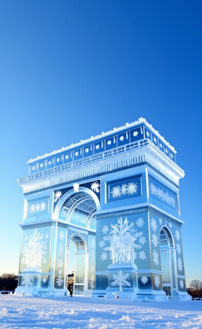 miluo_bing,Ice Sculpture Art, This is a photograph of the Arc de Triomphe in Paris, France, meticulously crafted from clear, translucent ice. The iconic structure is set against a clear, blue sky and a snow-covered ground, giving the scene a serene, wintery feel. The ice replica is detailed with intricate carvings of snowflakes and geometric patterns, reflecting light and creating a sparkling effect. The arch's classic design, complete with columns and a triangular pediment, is visible, showcasing its historical significance. The surrounding landscape is devoid of people, emphasizing the cold, tranquil atmosphere. The overall composition highlights the delicate beauty and craftsmanship of the ice sculpture, contrasting with the grandeur of the original monument.<lora:冰雕艺术-flux-1.4:1>