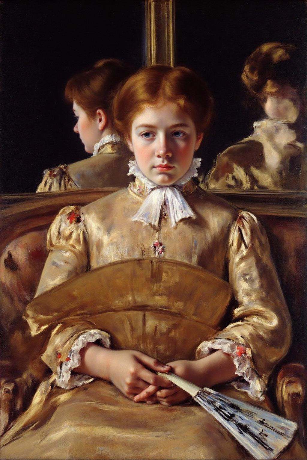 marycassatt1 painting.A young woman seated in a dimly lit,  intimate setting. She is dressed in a light,  creamy on Tensor...