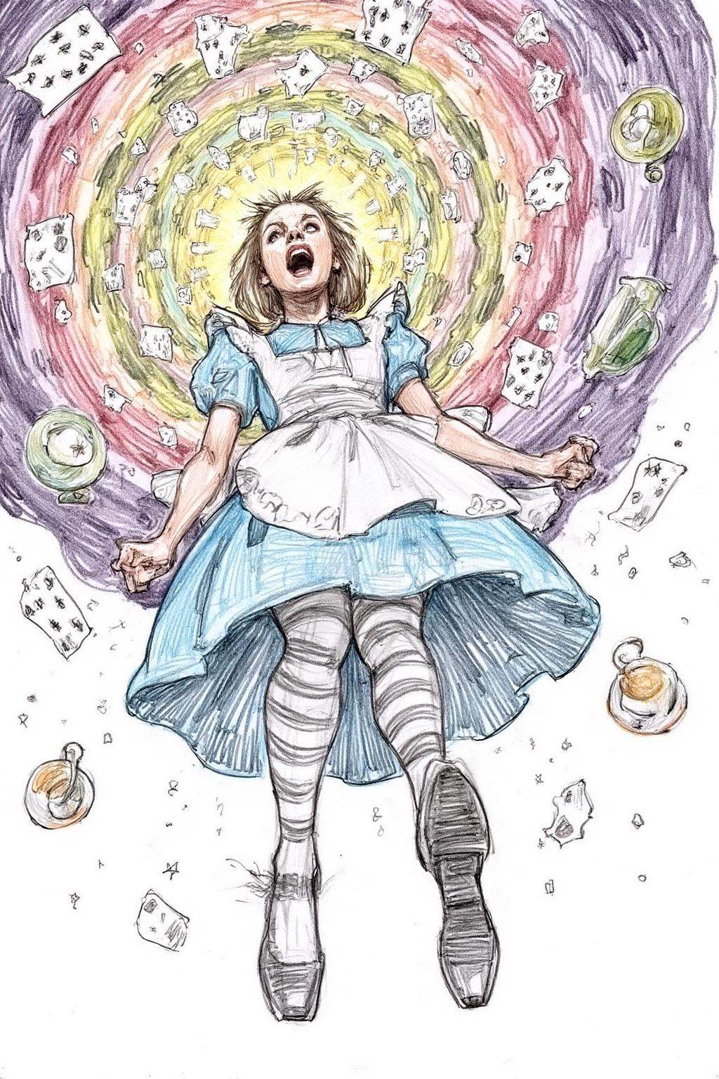 pencil sketch.Overhead view of Alice in Wonderland falling into the rabbit hole,  with her legs dangling beneath her. She...