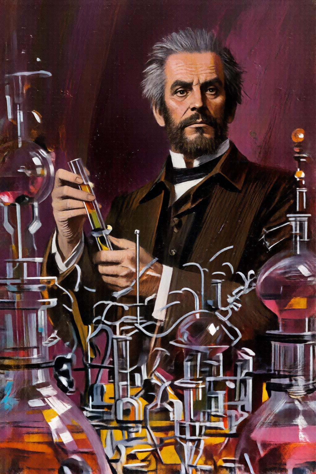 giannirenna2q illustration. A bearded man with graying hair in a formal suit holds a test tube in his hand,  in a laborato...