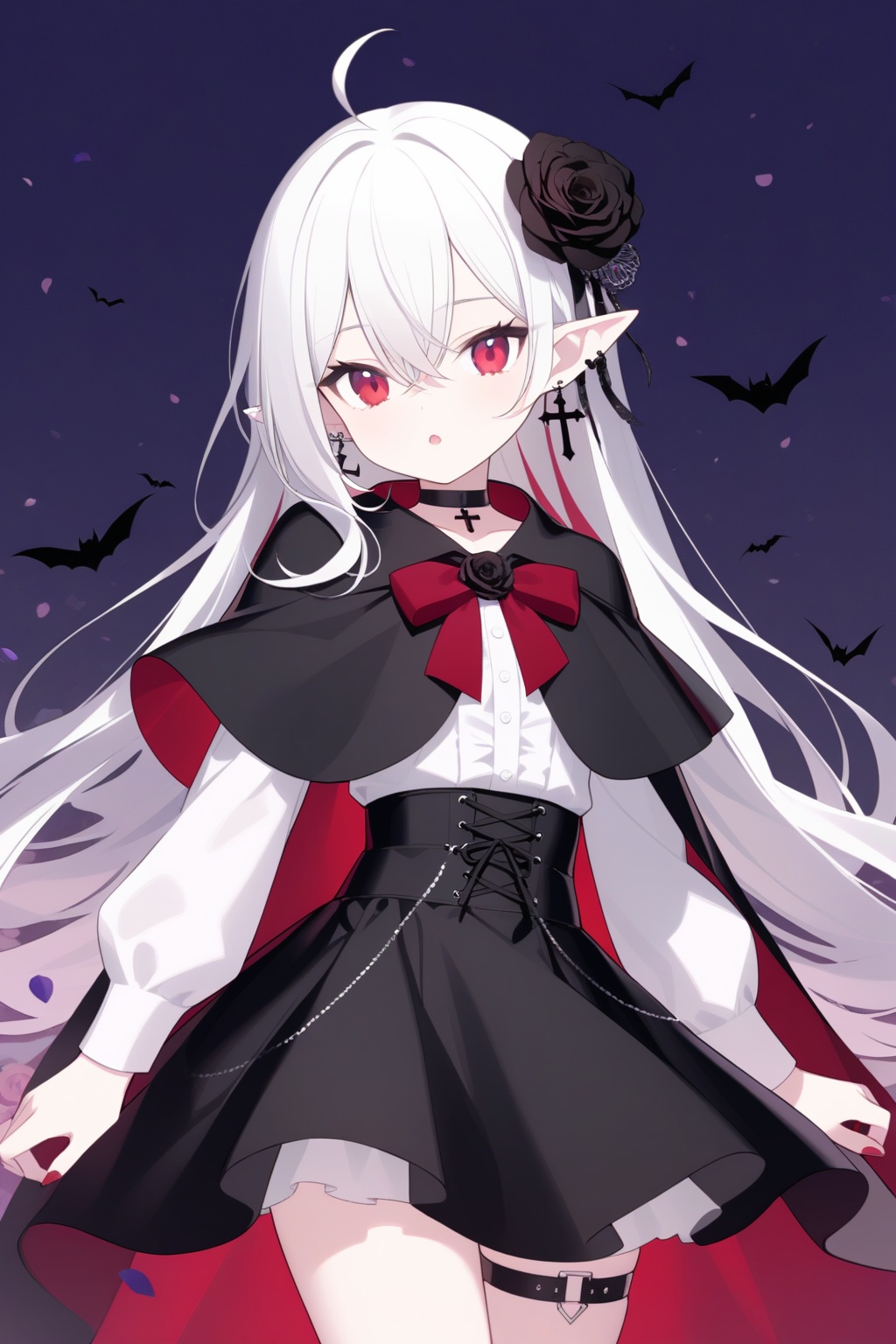 1girl,black_flower,black_rose,solo,white_hair,pointy_ears,long_hair,flower,red_eyes,hair_flower,skirt,hair_ornament,long_sleeves,jewelry,looking_at_viewer,earrings,rose,shirt,white_shirt,capelet,black_skirt,black_capelet,bat_\(animal\),thigh_strap,choker,ahoge,high-waist_skirt,hair_between_eyes,cross,cross_earrings,petals,black_choker,cowboy_shot,vampire,