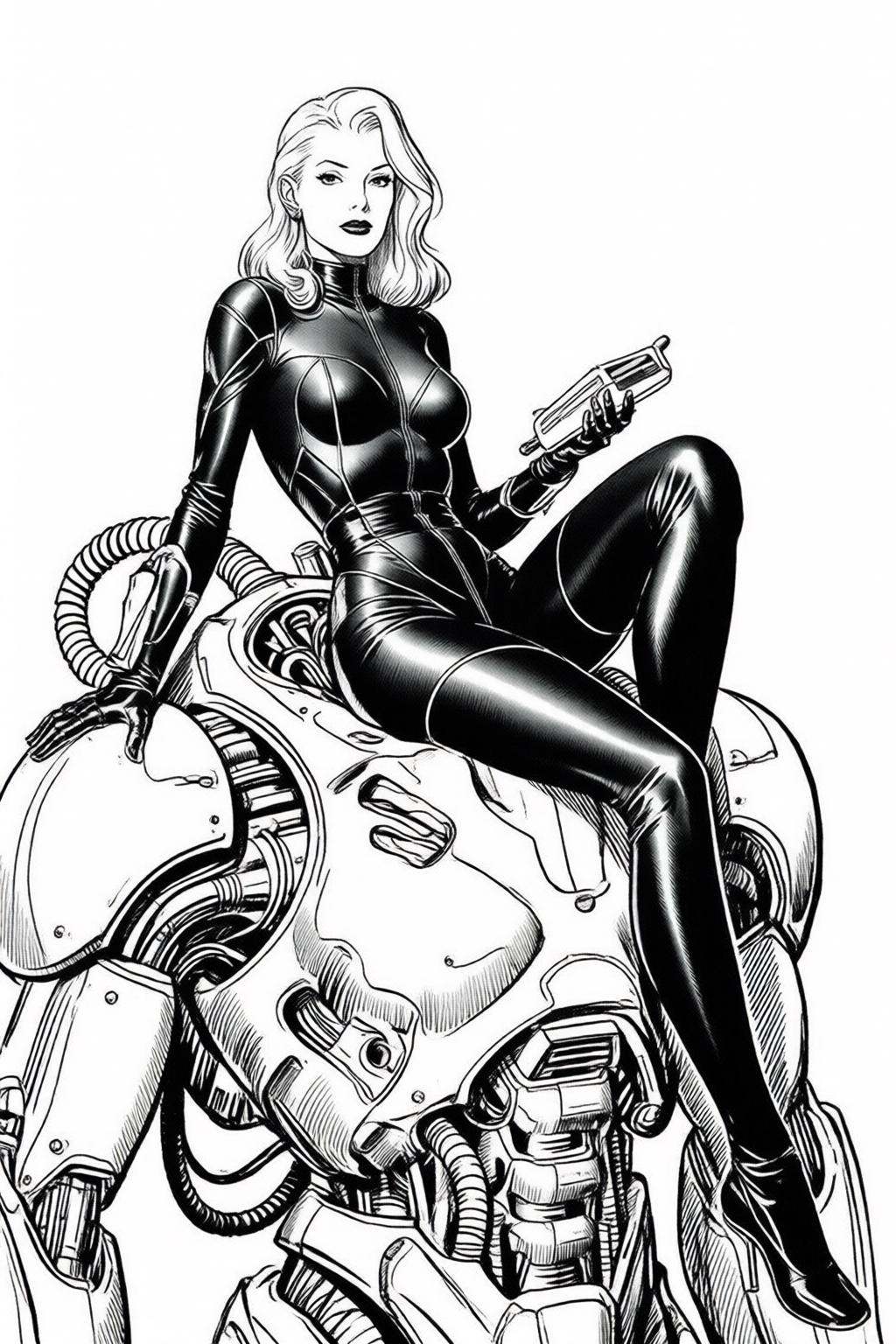 alexraymond2q illustration. Black and white drawing.A striking,  futuristic scene depicts a woman dressed in sleek,  form-...