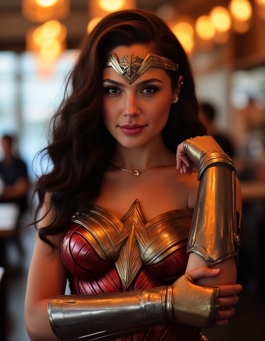 beautiful detailed photograph,  dark brunette hair loose wavy cascading over her shoulders,  dressed as wonder woman on Te...