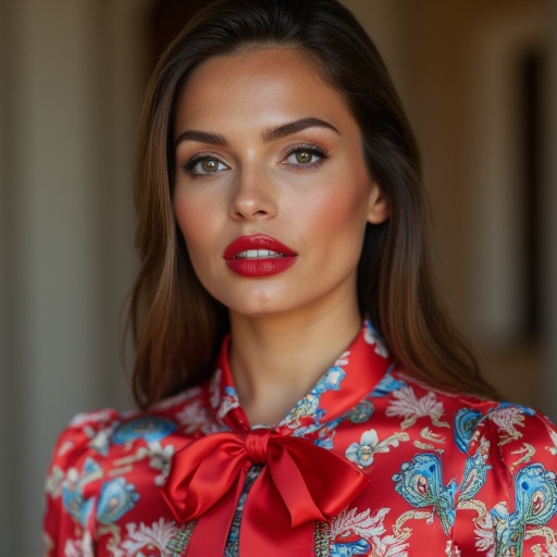 women with red lips looking at viewer wearing colorful satin bow blouse on Tensor.Art