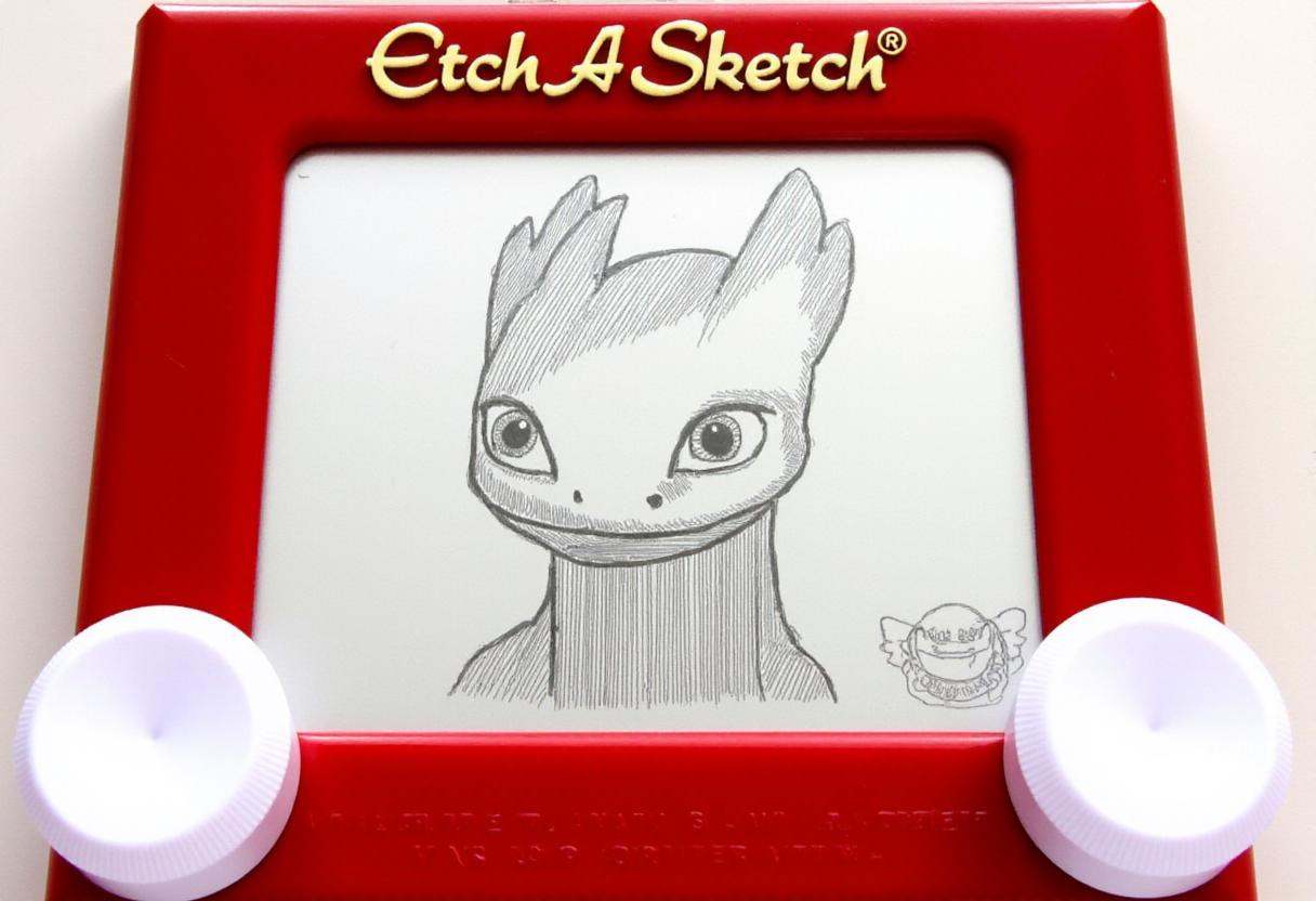 This image is a photograph of a drawing created using the Etch A Sketch toy. The detailed monochromatic drawing depicts Ni...