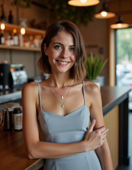 This is an image of a woman,  brown hair bob cut,  standing in a cafe looking at the viewer smiling on Tensor.Art