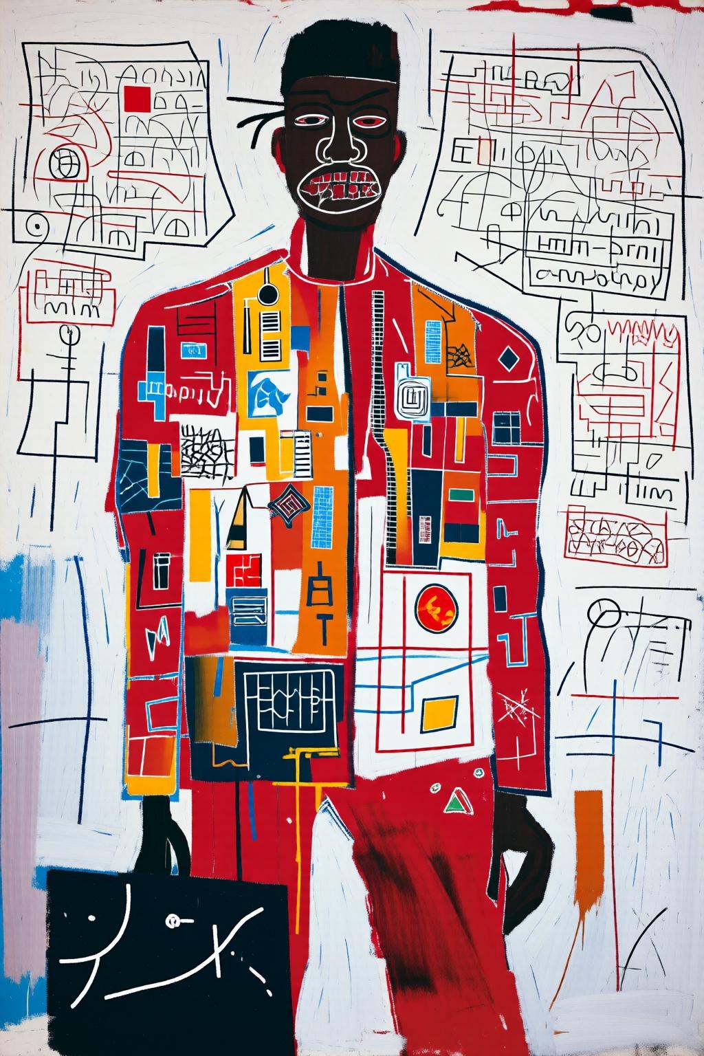 jeanmichelbasquiat2q painting.A portrait of an African man standing in the center. He wears a colorful blazer with a patch...