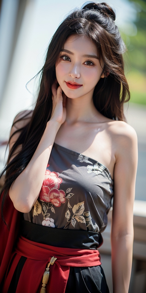 1girl,Beauty,Wind,flowing hair,kind smile,pose for picture,Dynamic pose,looking_at_viewer,(perfect body),upper_body,chineseclothes,Bare shoulders and arms,hanfu,best quality,super detail,fine detail,high resolution,8K wallpaper,perfect dynamic composition,beautiful detailed eye,DSLR,(Good structure),HDR,UHD,8K,A real person,Highly detailed,best quality,masterpiece,realistic,Highly detailed,(EOS R8, 50mm, F1.2, 8K, RAW photo:1.2),ultra realistic 8k,(best illumination, best shadow, extremely delicate and beautiful),(official art, beautiful and aesthetic:1.2),solo,<lora:青花瓷古装F.1_1.0:1>,
