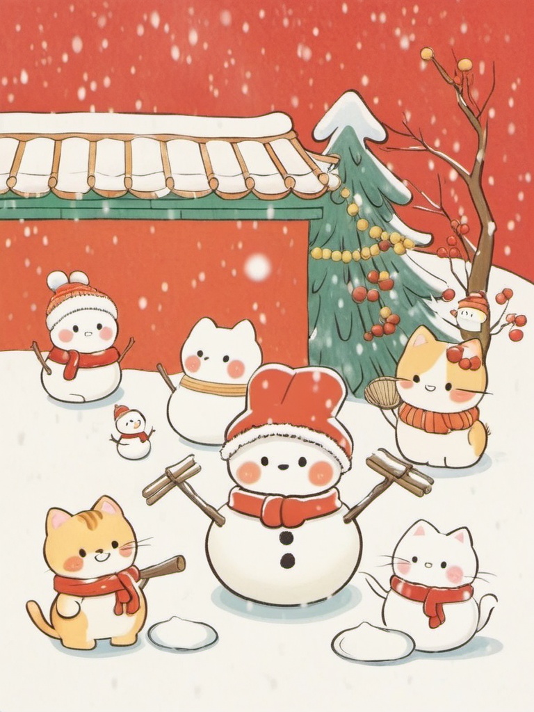 tuzi,A chill winter scene with a bunch of cute, cartoonish cats and a snowman. The snowman, sporting a yellow scarf, stands out in the middle, while the cats, all decked out in red and white winter gear, are busy building snowballs. A branch with red berries hangs above, adding some color. The backdrop features a red wall with a green roof, all under a soft, snowy sky.,<lora:tuzi_v1:0.8>