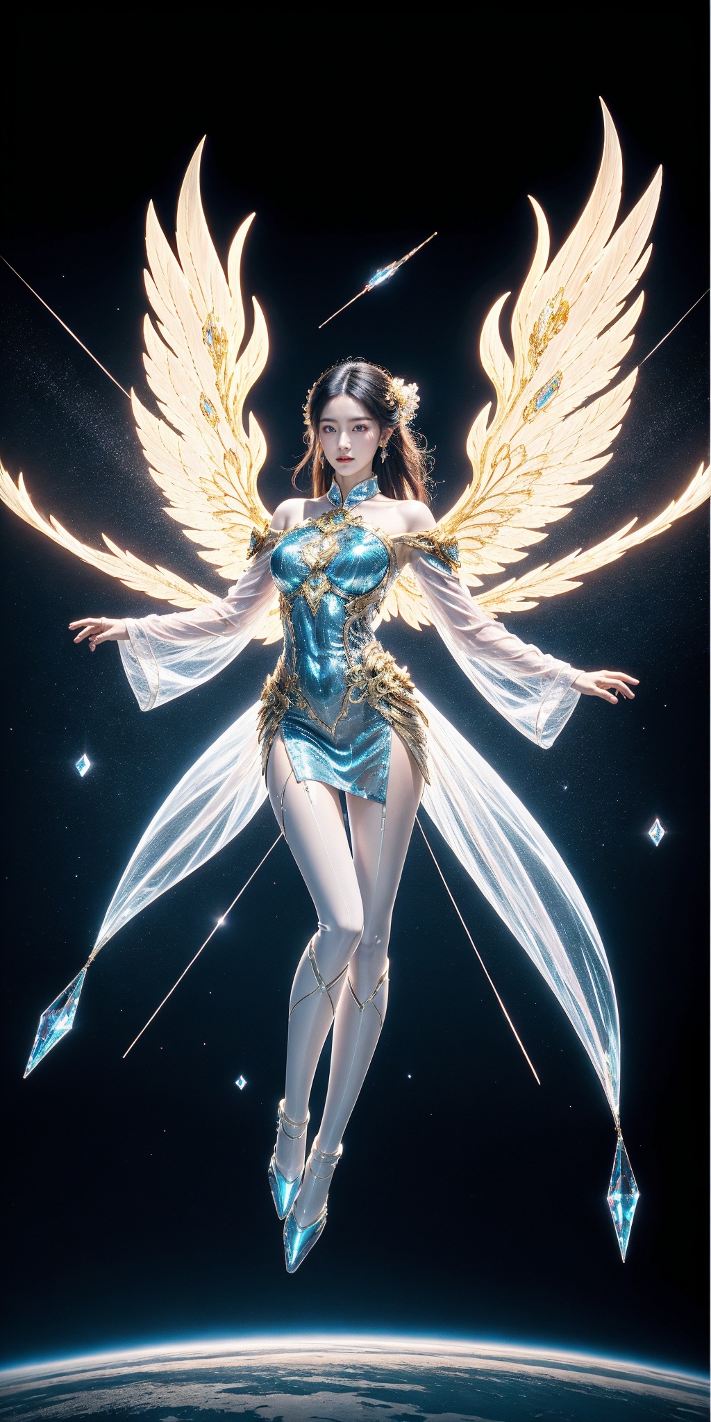 1girl, see-through white chinese clothes, off-shoulder dress, white see-through cyborg, gem cyber, solo, and flowing hair, armored, white see-through bodysuit, glowing, wings, outdoors, thighs, gem, gradient, mirror fragment, gem fragment, (flying on sky:1.2), space,