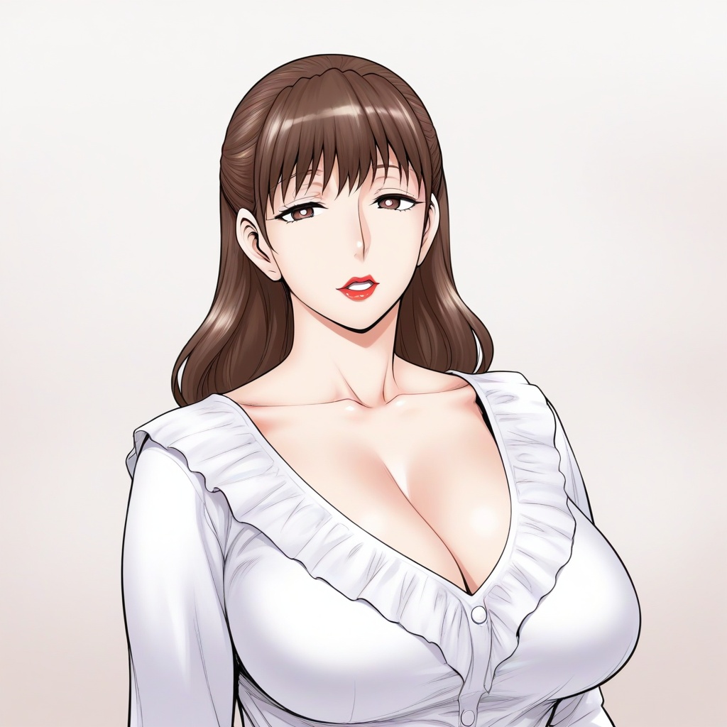 jinsukeya 1woman milf hypnostized black pupils red lips trance state dead stare mid body front facing long hair blouse ope...