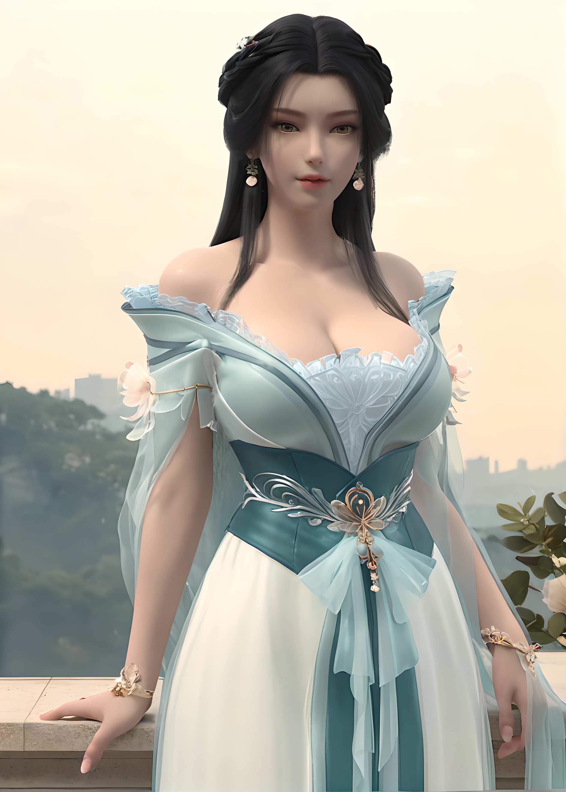score_9,score_8_up,score_7_up,<lora:SF_JiangLi_Pony-000003:0.7>,incredibly absurdres,1girl,solo,standing,dress,breasts,large breasts,lips,jewelry,hair ornament,looking at viewer,white background,
