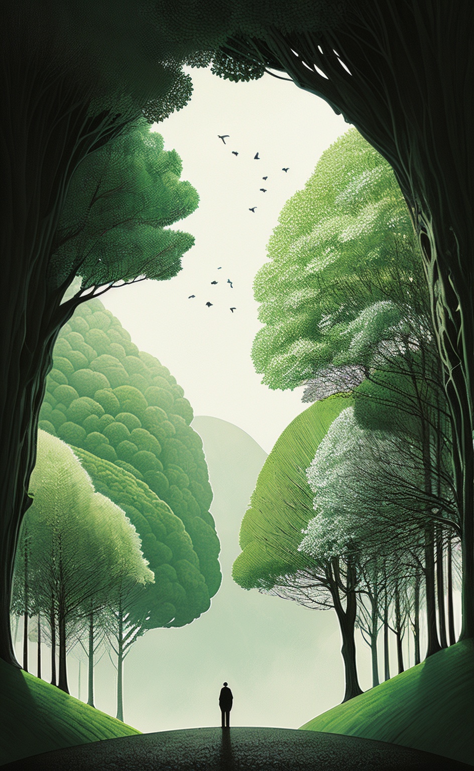 miluo_chahualv, tree, bird, 1other, silhouette, scenery, outdoors, shadow, grass, ambiguous gender, standing, nature, cloud, solo, green theme   <lora:艺术插画_sd1.5-lora-v1.0:0.8>
