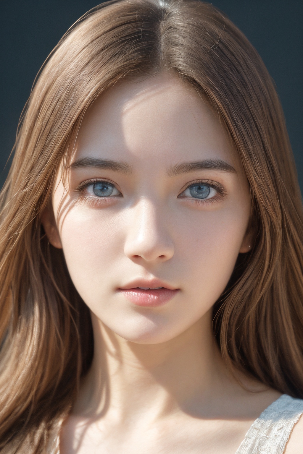 (extremely detailed), (detailed face:1.4), (beautiful detailed eyes:1.2), girl, bright glistening skin, realistic skin, skin pores, beautiful, pretty, upper body, dramatic lighting, realistic, teenage, dress, simple background,