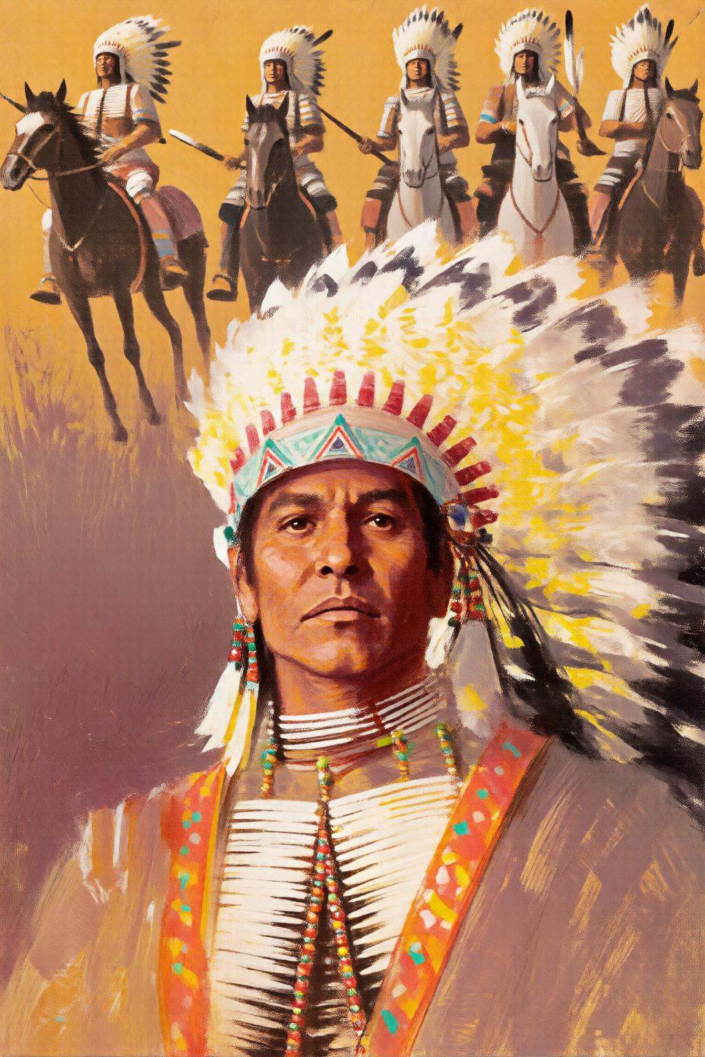 giannirenna2q illustration. A Native American man,  facing the viewer directly,  wearing traditional Native American attir...