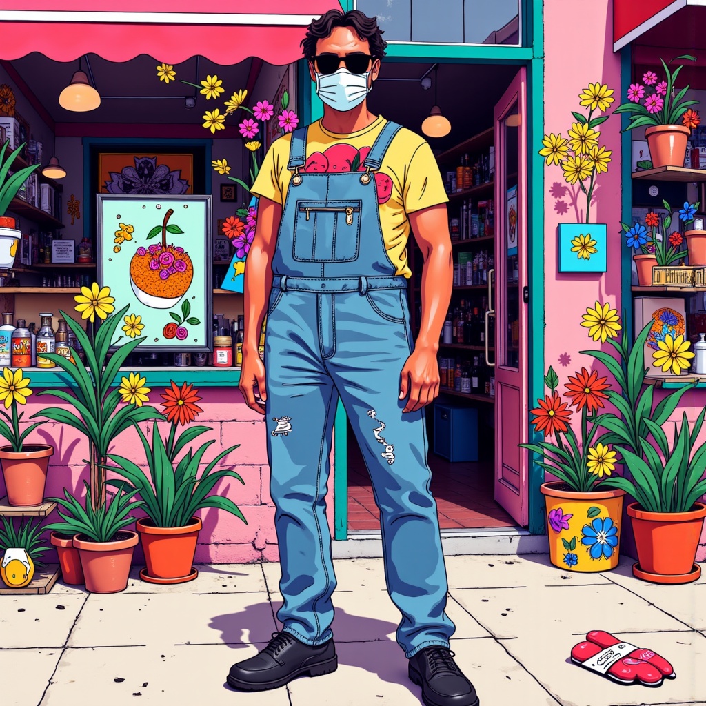 Realitycompositing,there is a man standing in front of a store with a face mask on,james jean and petra cortright,David ****,vivid colorful comics style,artist wearing overalls,vibrant cartoon art,vivid colorful comic style,style of ian hubert,colorful comics style,korean artist,artwork in style of sheng lam,colorful doodle art,victo ngai and tristan eaton,kenny wong x pop mart,juxtapoz aesthetic,illustrated in whimsical style,flower shop scene,trending on artstartion,hsiao-ron,roy lichtenstein and jackie tsai,trending on artstatioin,great use of line work and color,multi-layered artworks,Victor Wang,wonderful compositions,trending on artstration,artist wearing torn overalls,hyung-tae kim,hyung - tae kim,hi - fructose art magazine,art style of noel coypel,trending on artstattion,coloring book style,