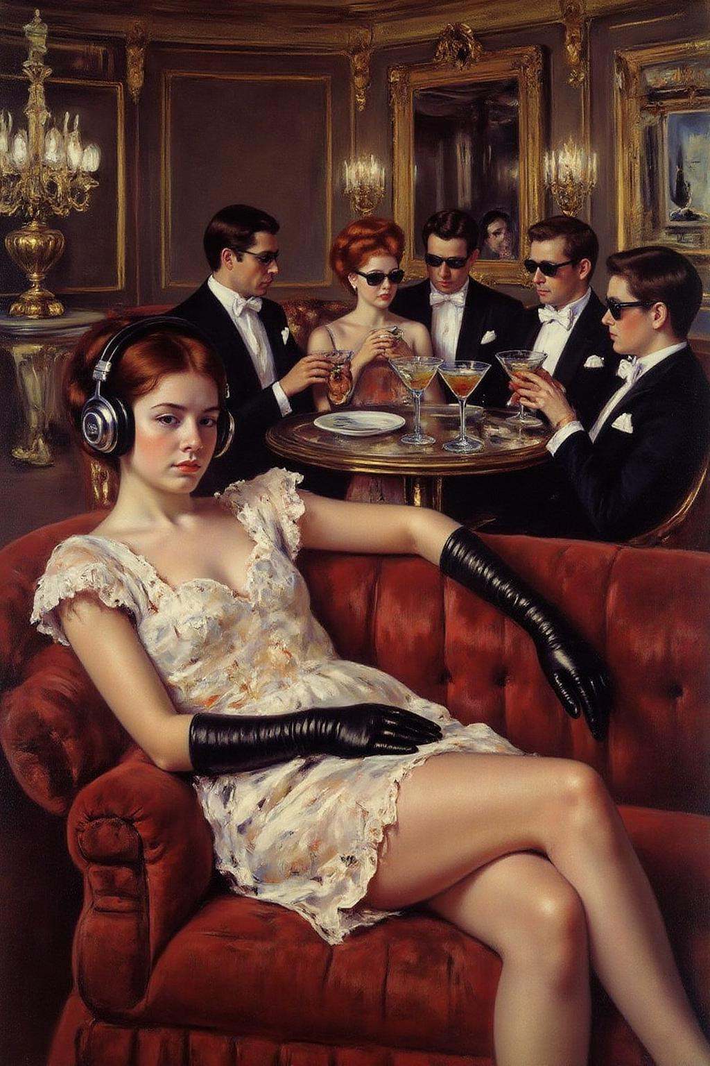 marycassatt1 painting.A luxurious,  dimly lit lounge set in 1970s Italy,  exuding vintage charm and opulence. A stylish yo...