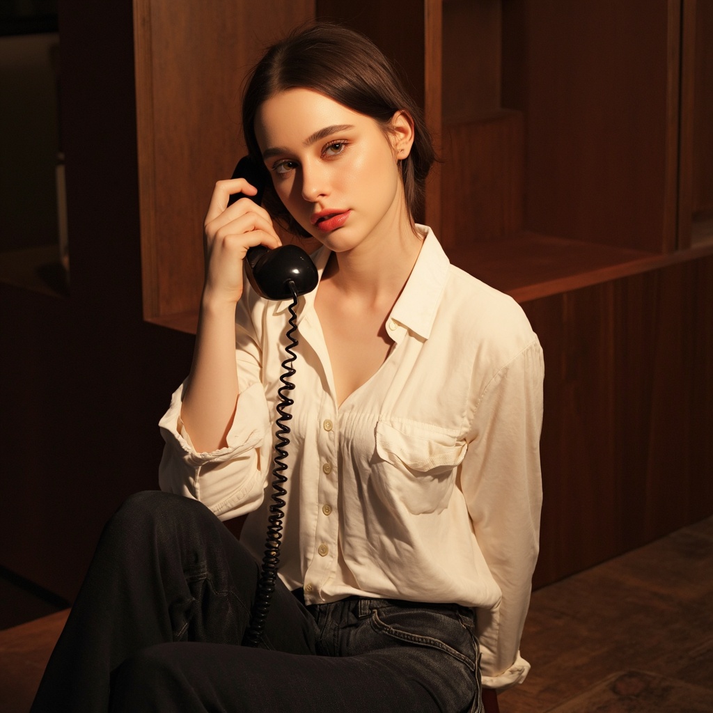 A portrait of dasha_taran seated in a dimly lit room with wooden walls and flooring. She wears a white button-down shirt a...