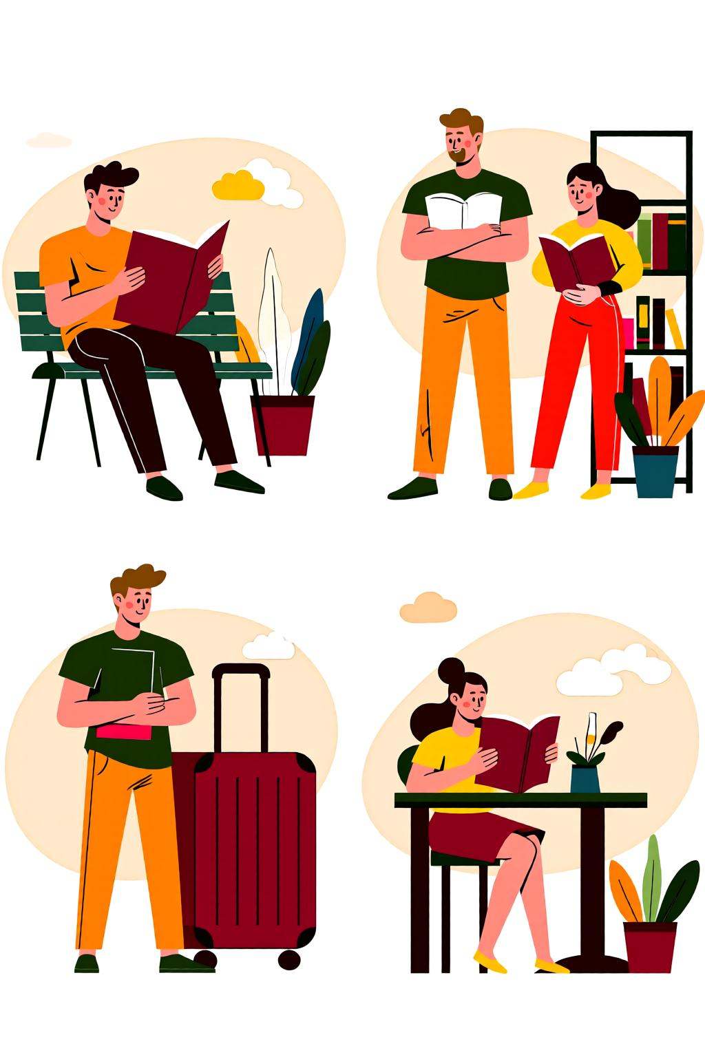 flatcolorvectorart2q illustration.A series of four scenes depict different activities. In the top left,  a young man is si...