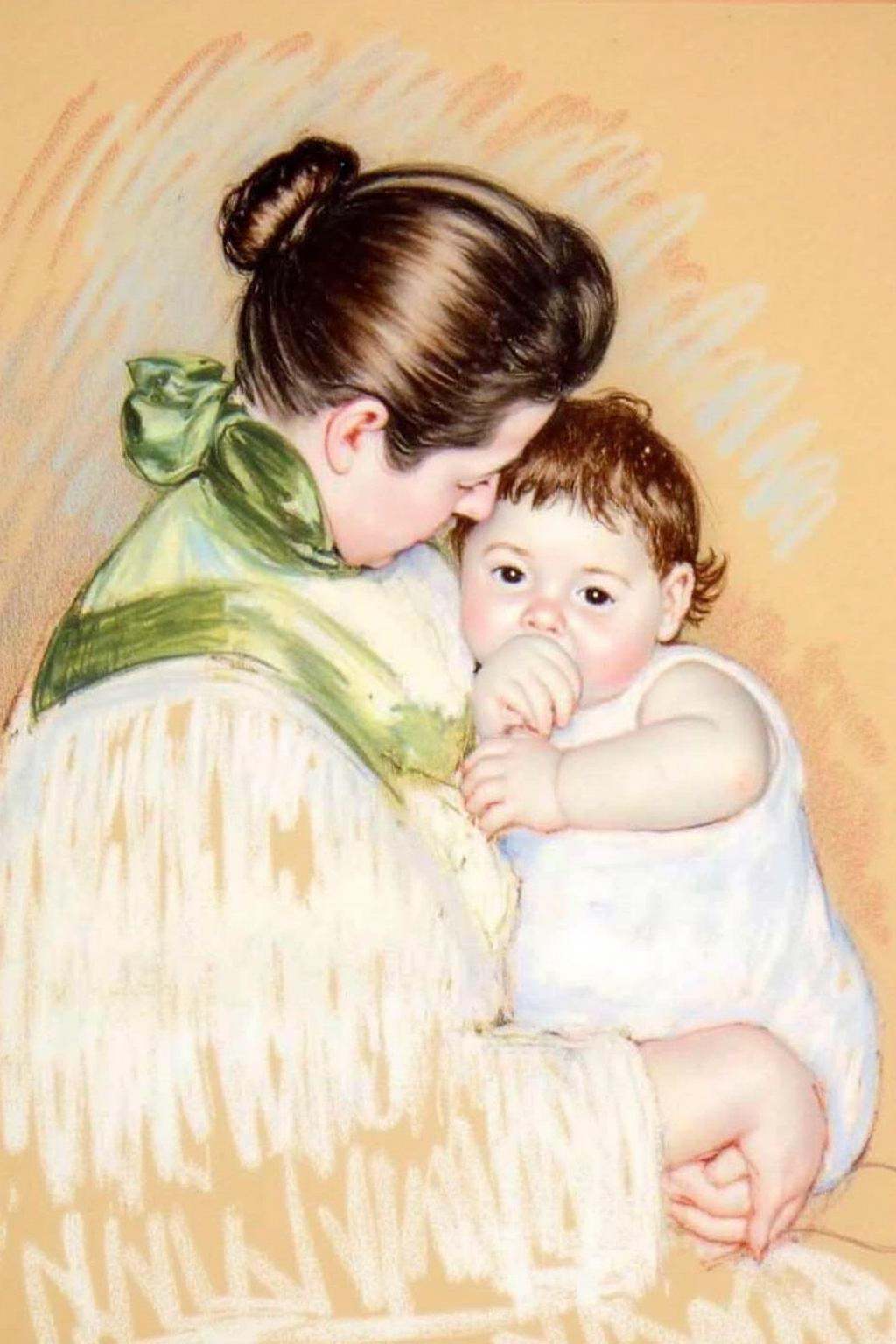 marycassatt2 drawing.A mother is shown with her back to the viewer,  her dark hair pulled back into a neat bun. She is dre...