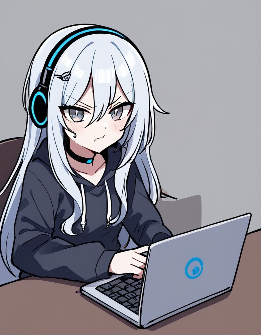 zmgwshnmspfd, 1girl, yoisaki kanade, project sekai,zmgwshnmspfd, long hair, blue eyes, hair between eyes, bangs, very long hair, grey hair, hair ornament, laptop, looking at viewer, closed mouth, upper body, simple background, choker, white background, headphones around neck, sitting, dot nose, black hoodie, black choker, hood down, expressionless, solo, sidelocks, drawstring, hoodie, cable, hood, hairpin, blush, hand up, long sleeves, grey eyes, computer, keyboard \(computer\), headphone<lora:zmgwshnmspfd:1>​​​