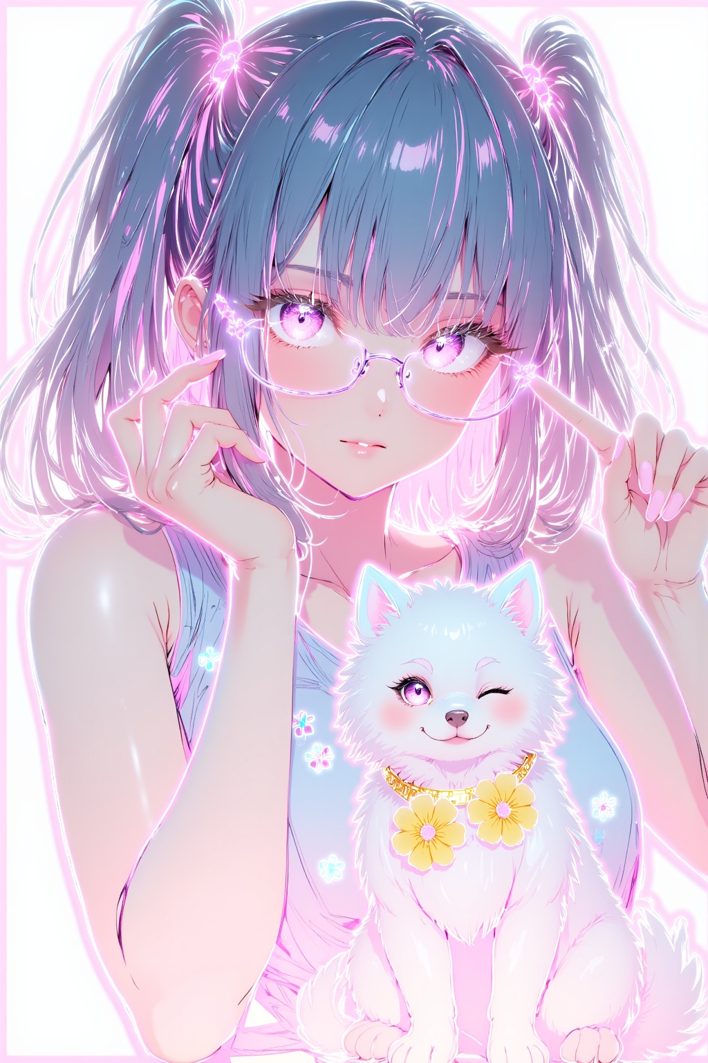 She has fair skin,long,straight black hair styled into two high pigtails secured with pink hair ties. Her eyes are large and expressive, one eye is closed in a playful wink,while the other is open and focused on the viewer. She is wearing large,rectangular glasses with a thin frame that gives her a slightly nerdy yet cute appearance. Her lips are full and slightly parted,with a hint of a smile.,She is dressed in a light blue,sleeveless top adorned with small,colorful flowers. Around her neck,she wears a pair of large,yellow flower earrings. Her right hand is raised to her face,with her index finger extended in a peace sign. In her left hand,she is holding a small,fluffy white dog with one eye closed and a happy expression,which appears to be a Pomeranian breed.,