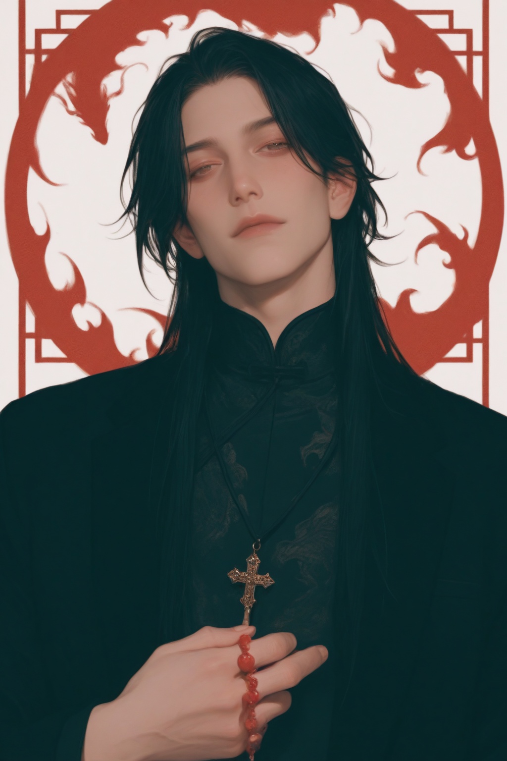 (A MALE ! AGAIN ! ALONE ! SINGLE AGAIN) modern ,  a Chinese man ,  black outfit with red dragon pattern on Tensor.Art