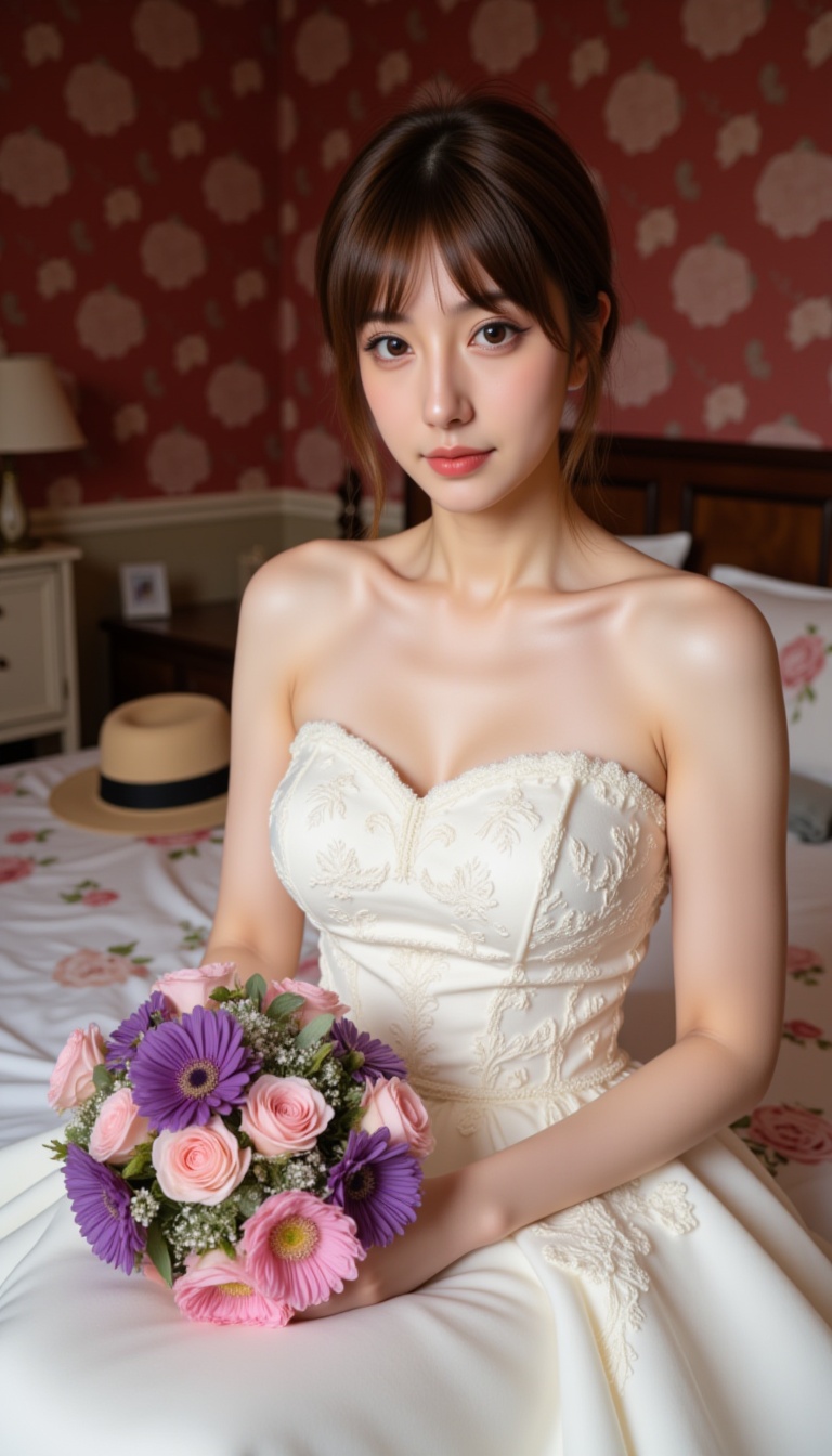 A high-quality photograph of a young woman with fair skin and delicate features,  wearing a strapless white wedding dress...