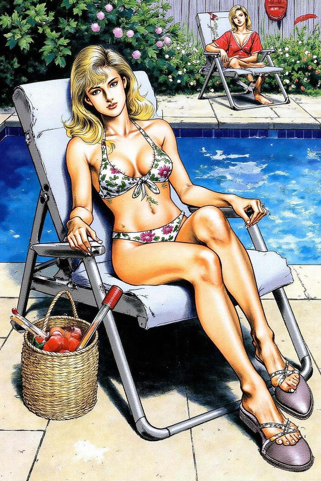 1keryo illustration. A blonde woman relaxing on a lawn chair by the poolside on Tensor.Art