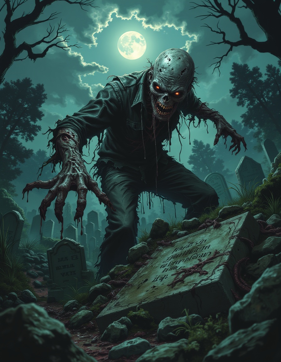 sp00k1h0rr0r A decaying zombie clawing its way out of an old grave in a foggy cemetery at midnight. The creature has tatte...