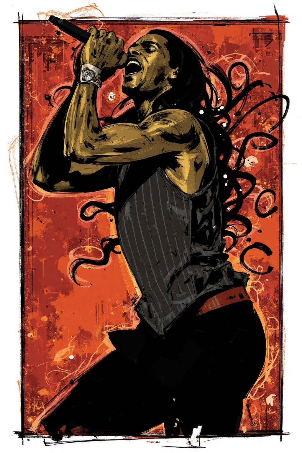 poster illustration.An African American man with long black hair,  wearing a sleeveless top with vertical stripes and a sl...