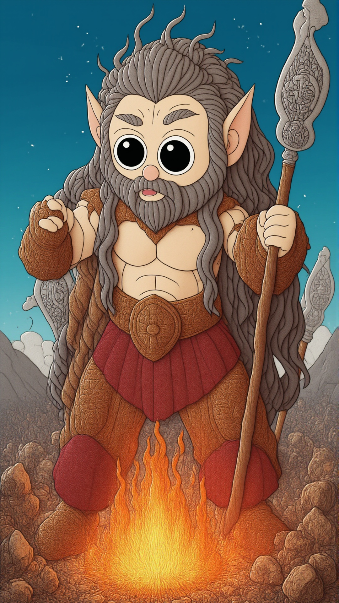 kawaii style The Gigantes,  the race of giants born from Gaia. Towering figures with wild hair and beards,  wielding massi...