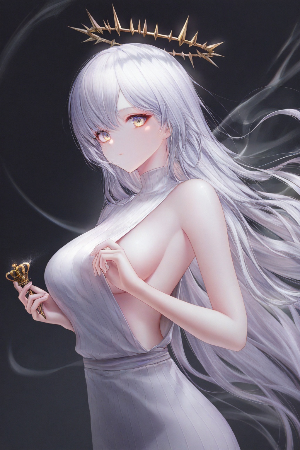 a highly detailed artwork depicting a surreal,  abstract figure draped in flowing white fabric. The figure's head is obscu...