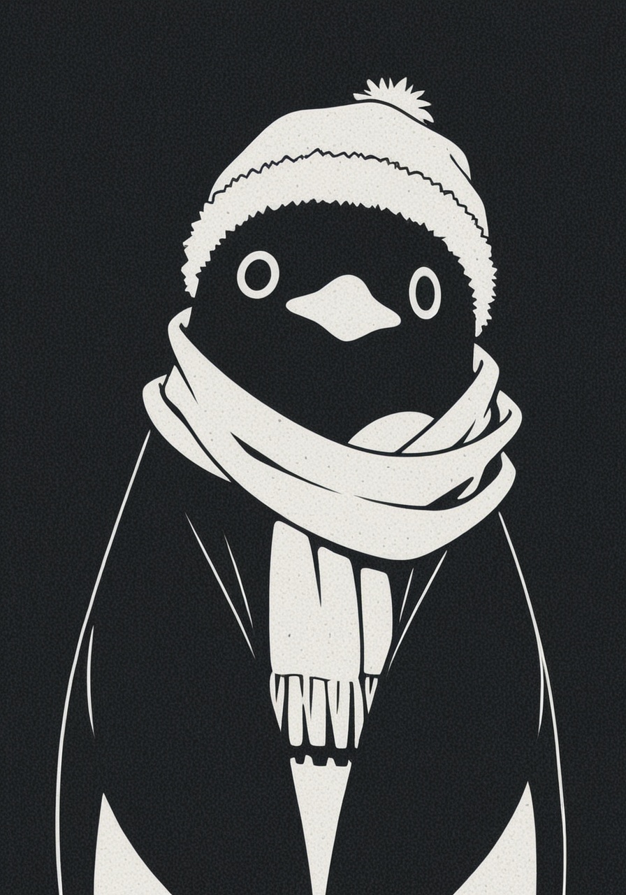 a picture of a cute fluffy anime penguin, black outline, thick outlines, masterpiece, extreme quality, anime wallpaper, screencap, cg, hyper focus, good detail, tundra, wearing a scarf, winter hat, (no humans), masterpiece, best quality, high contrast, (adorable), (anime), art, exceptional, top tier, vector art